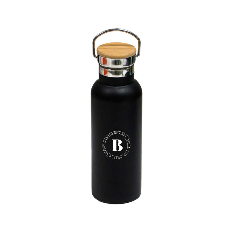 Insulated Bottle With Bamboo Cap Black