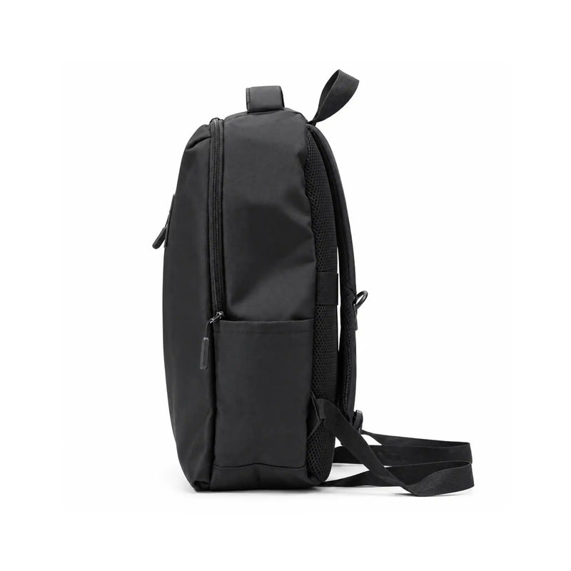 Black Orvel slim business laptop backpack, front view with grey leather trim