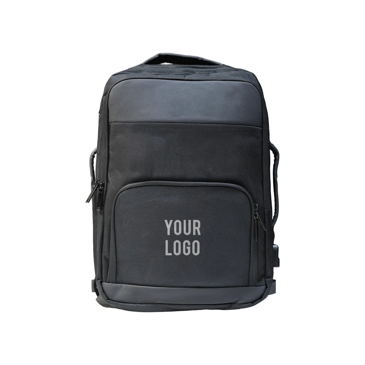 Black executive laptop backpack with USB charging port and multiple compartments