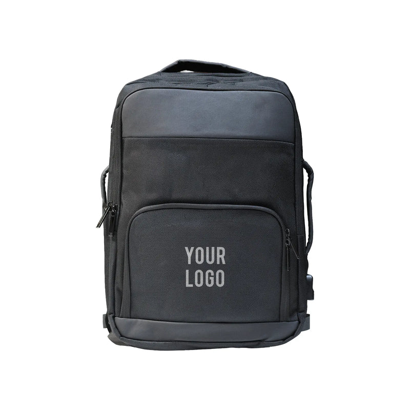 Black executive laptop backpack with USB charging port and multiple compartments