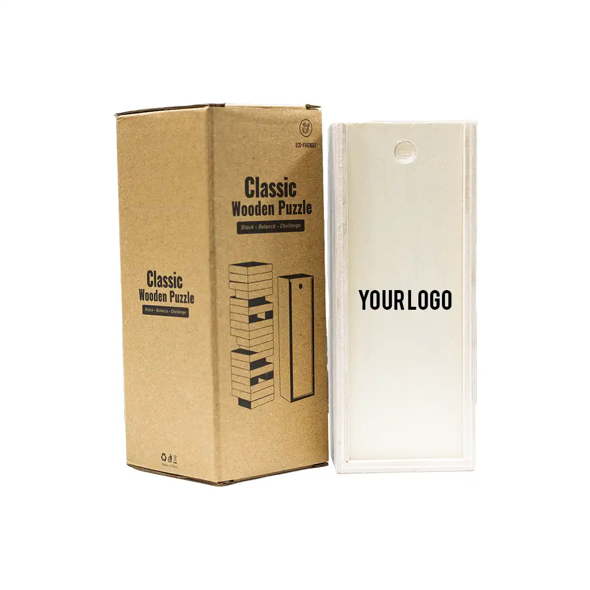 Classic wooden puzzle stacking game with sliding wooden box