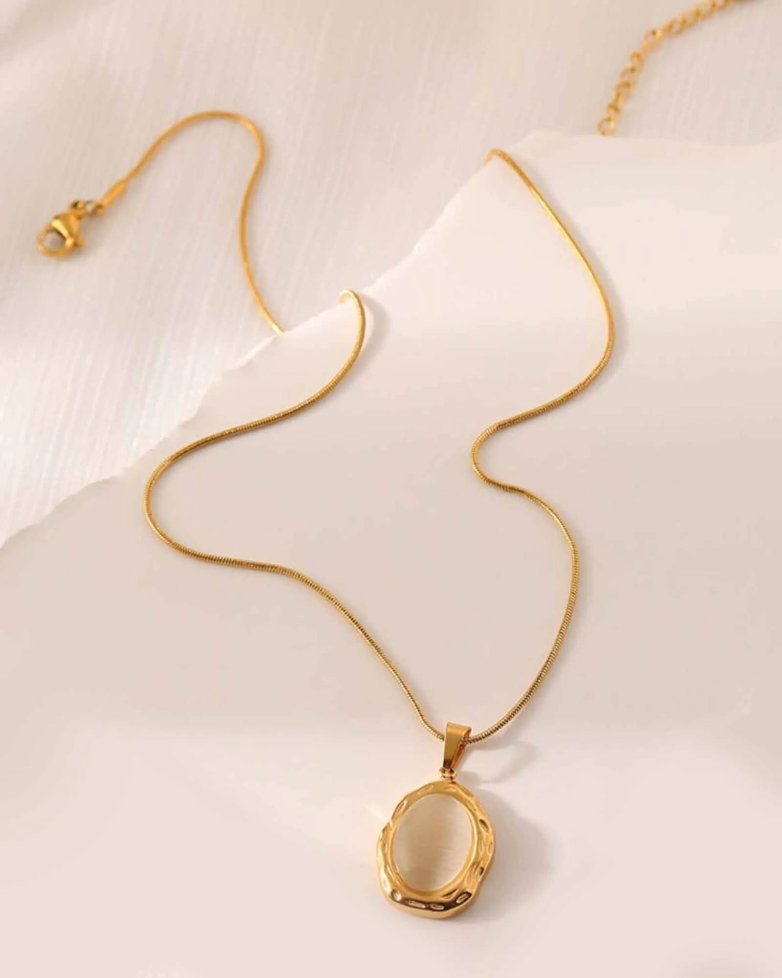 18K Gold Plated Stainless Steel Oval Cat's Eye Stone Pendant Necklace, 46 cm Chain Kaaf Creations