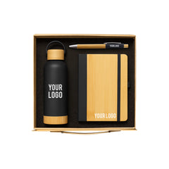 EcoBlend Trio Black corporate gift set with bamboo bottle notebook and pen UAE