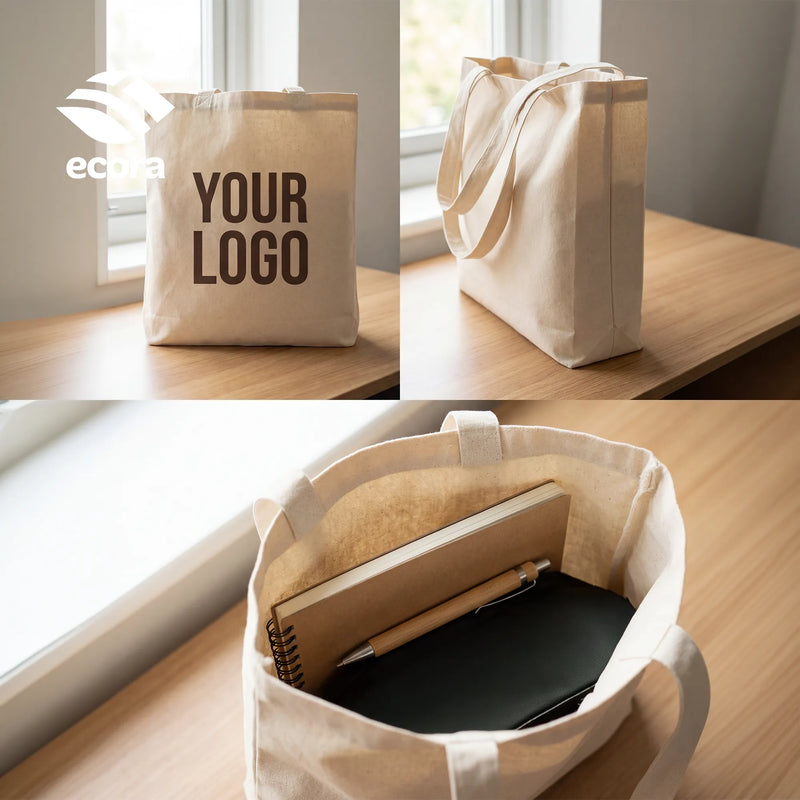 Veiro canvas shopping bag shown open with documents inside to demonstrate capacity