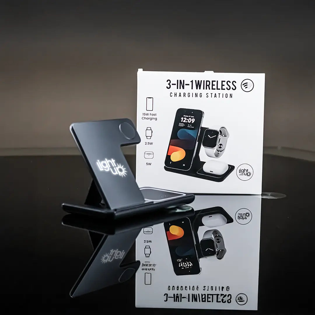 3-in-1 Wireless Charging Station with LightUp Logo - Black Foldable Design
