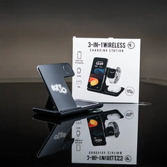 3-in-1 Wireless Charging Station with LightUp Logo - Black Foldable Design