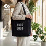 Veiro canvas shopping bag shown open with documents inside to demonstrate capacity