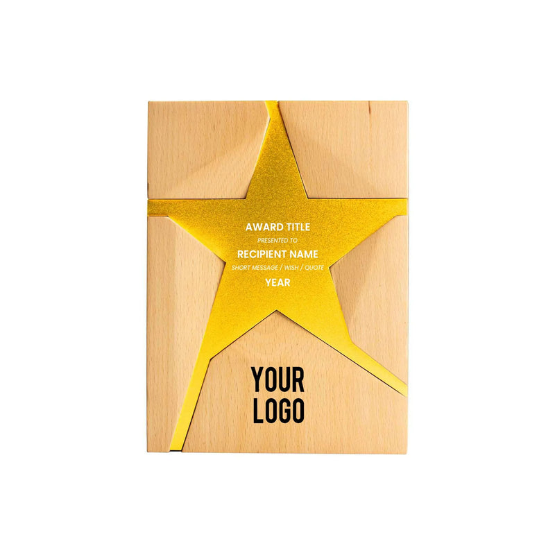 Wooden Trophy With Metal Star Gold