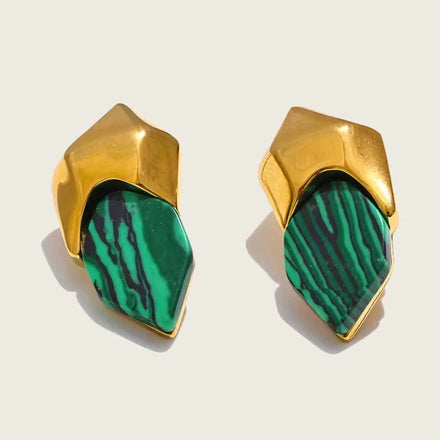 Geometric 18k Gold-Plated Malachite Stud Earrings, Green Striped Pattern Kaaf Creations