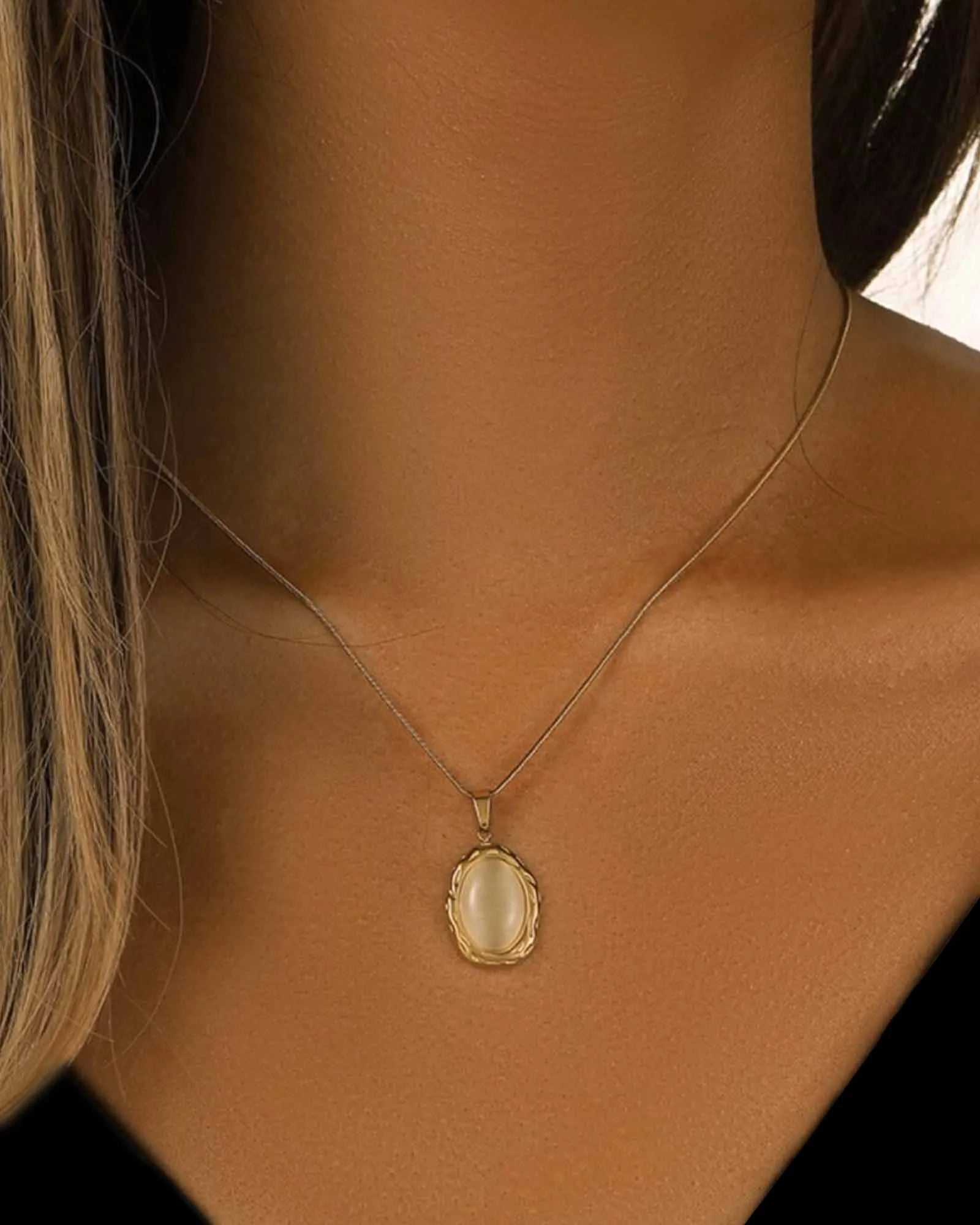 18K Gold Plated Stainless Steel Oval Cat's Eye Stone Pendant Necklace, 46 cm Chain Kaaf Creations