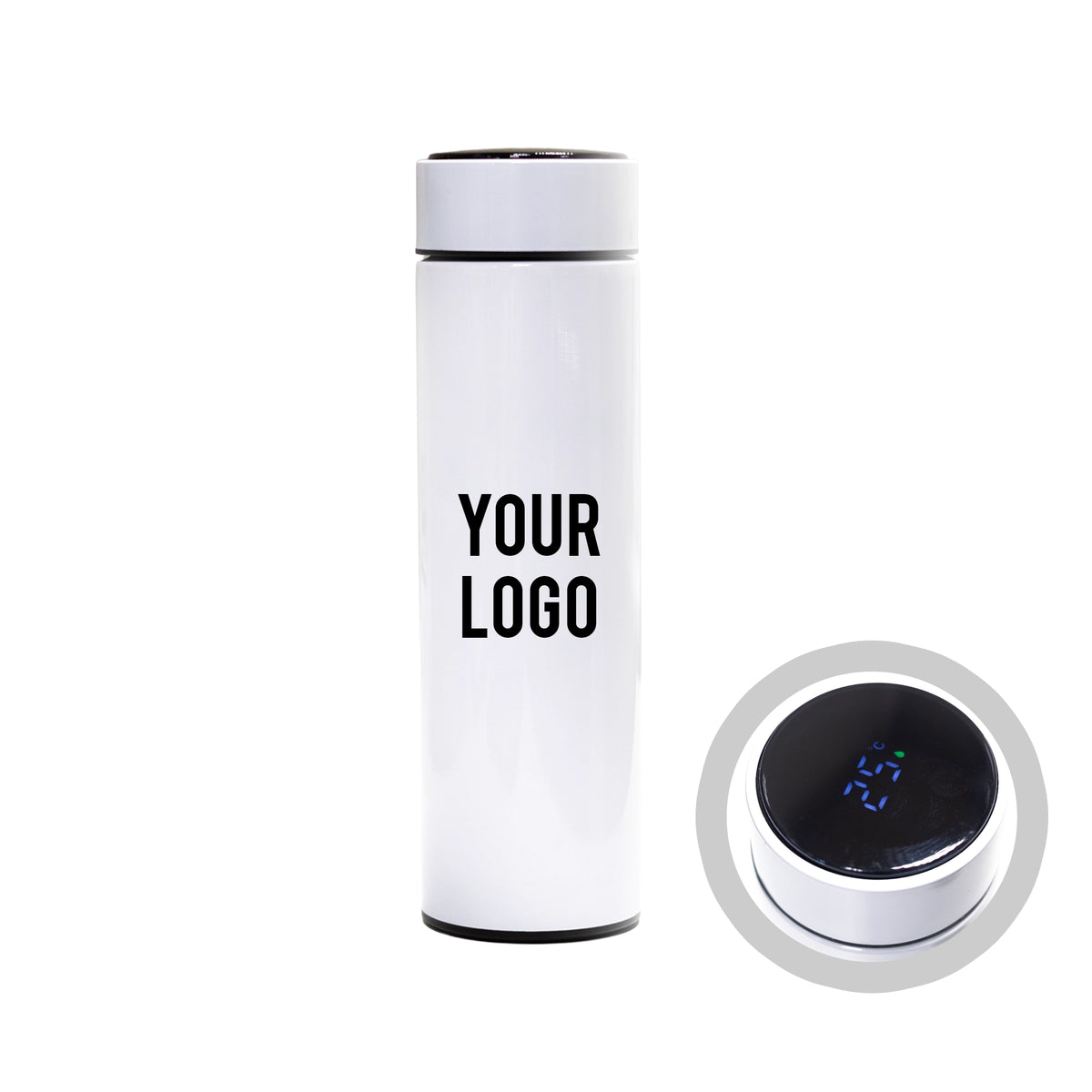 White digital temperature display bottle 500ml – front view with blank branding area