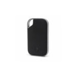 Traxo Bluetooth locator device, black panel with silver metal frame, front view