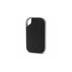 Traxo Bluetooth locator device, black panel with silver metal frame, front view