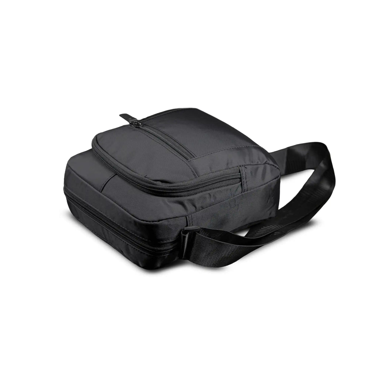 Premium black sling bag with adjustable strap and multi-compartment travel design
