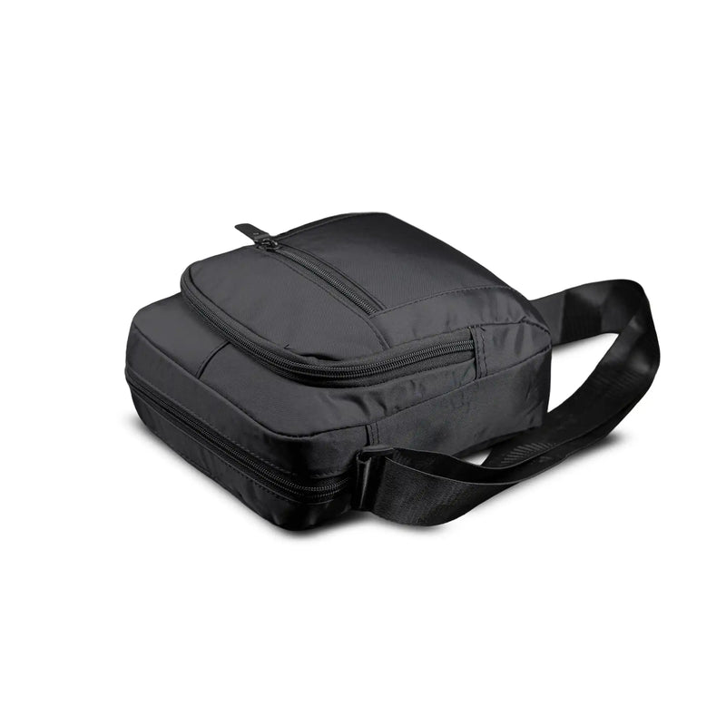 Premium black sling bag with adjustable strap and multi-compartment travel design