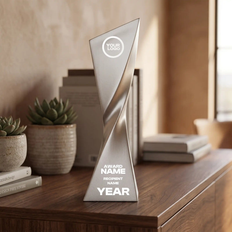 Matte silver blade-twist Resin award with sharp angled top