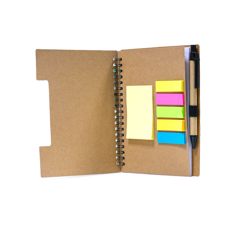 A5 notebook with a pen and sticky notes
