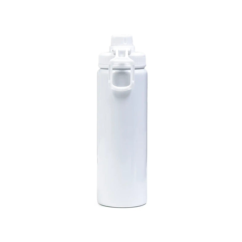Reusable aluminium sports bottle with handle, 800 ml capacity, black and white color options for corporate gifting.