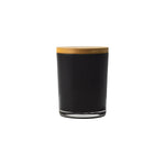 Frosted glass scented candles with bamboo lids in white and black, featuring customizable logo branding.