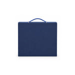blue luxury gift box closed with blue PU leather handle and front branding area