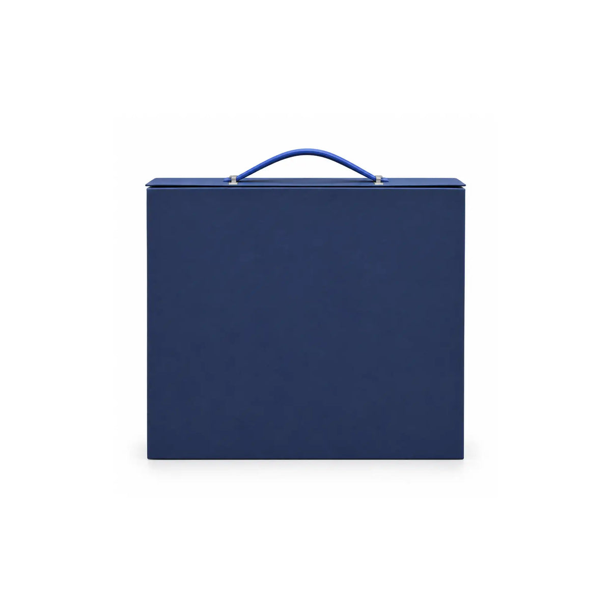 blue luxury gift box closed with blue PU leather handle and front branding area