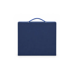 blue luxury gift box closed with blue PU leather handle and front branding area