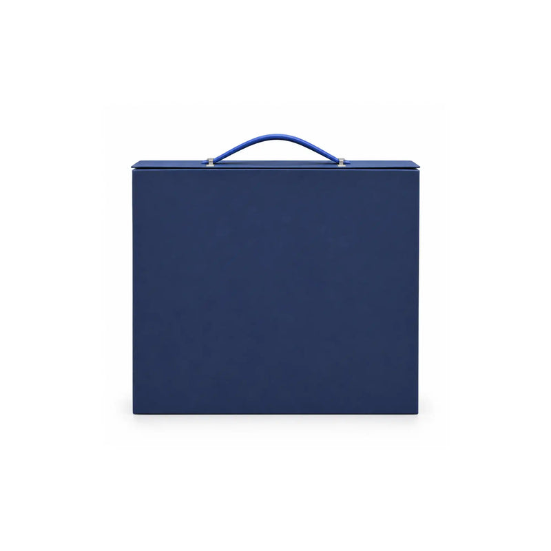 blue luxury gift box closed with blue PU leather handle and front branding area