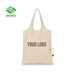 Folva foldable canvas shopping bag opened to full size with the front logo area visible