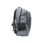 Gray travel backpack with zipper and USB charging feature