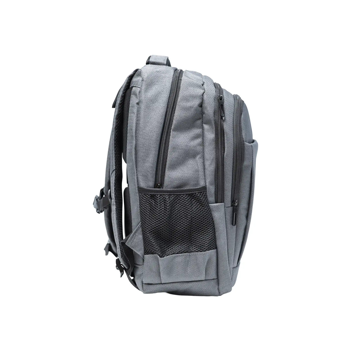 Gray travel backpack with zipper and USB charging feature