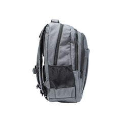 Gray travel backpack with zipper and USB charging feature