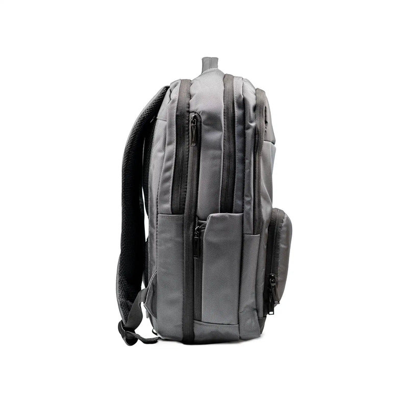 Gray executive laptop backpack with USB charging port and multiple compartments