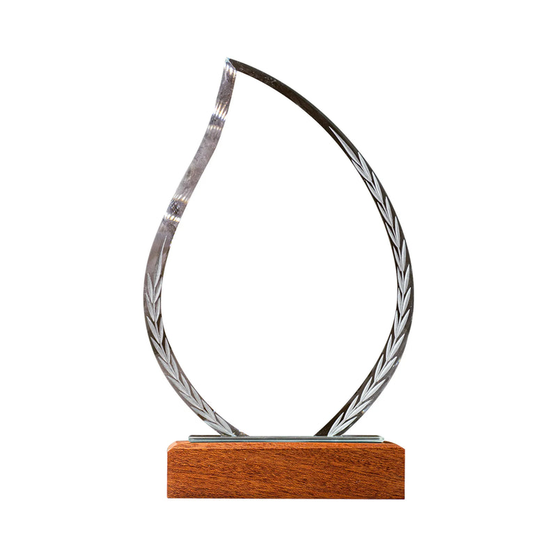 Leaf Shaped Crystal Trophy With Wooden Base
