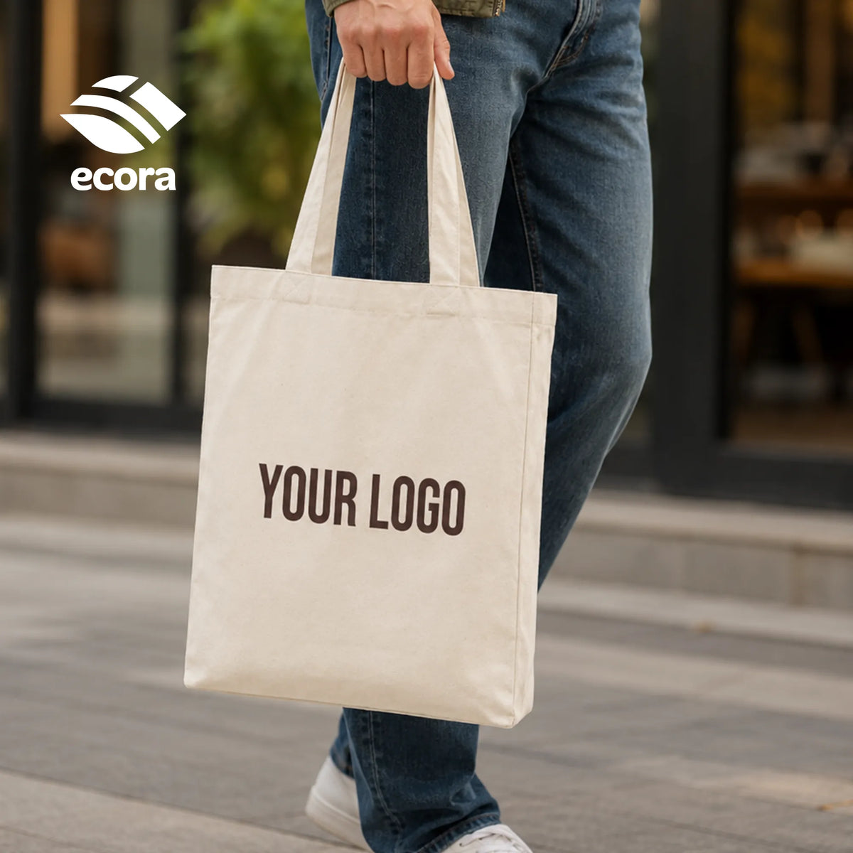 Veiro canvas shopping bag in natural with a printed logo on the front panel