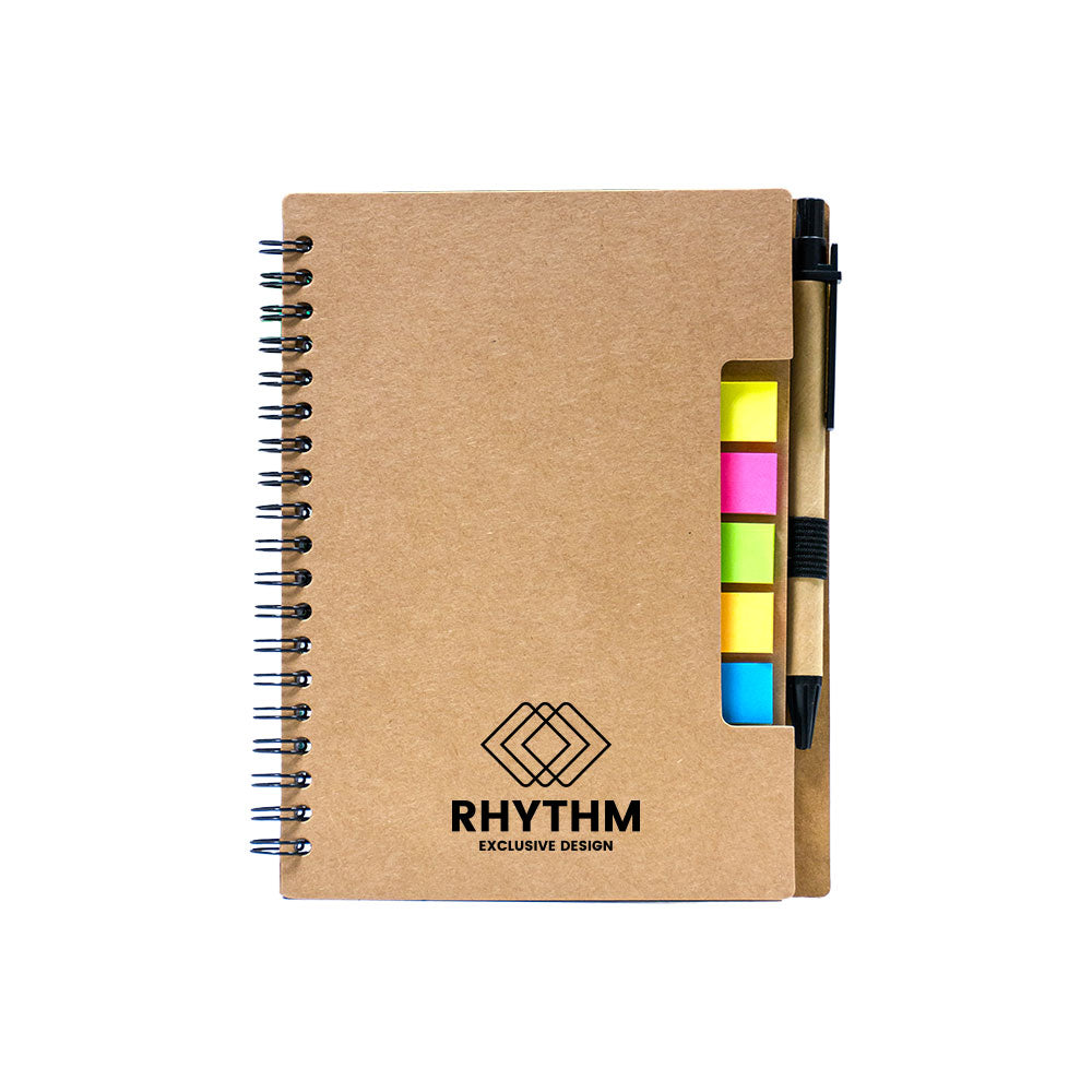 A5 notebook with a pen and sticky notes