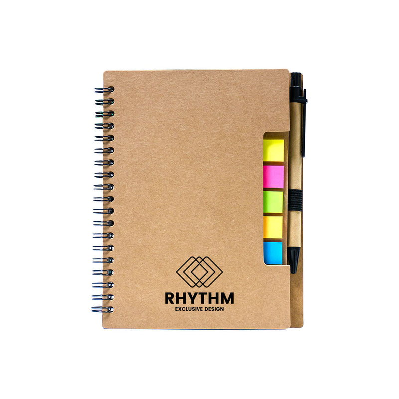 A5 notebook with a pen and sticky notes