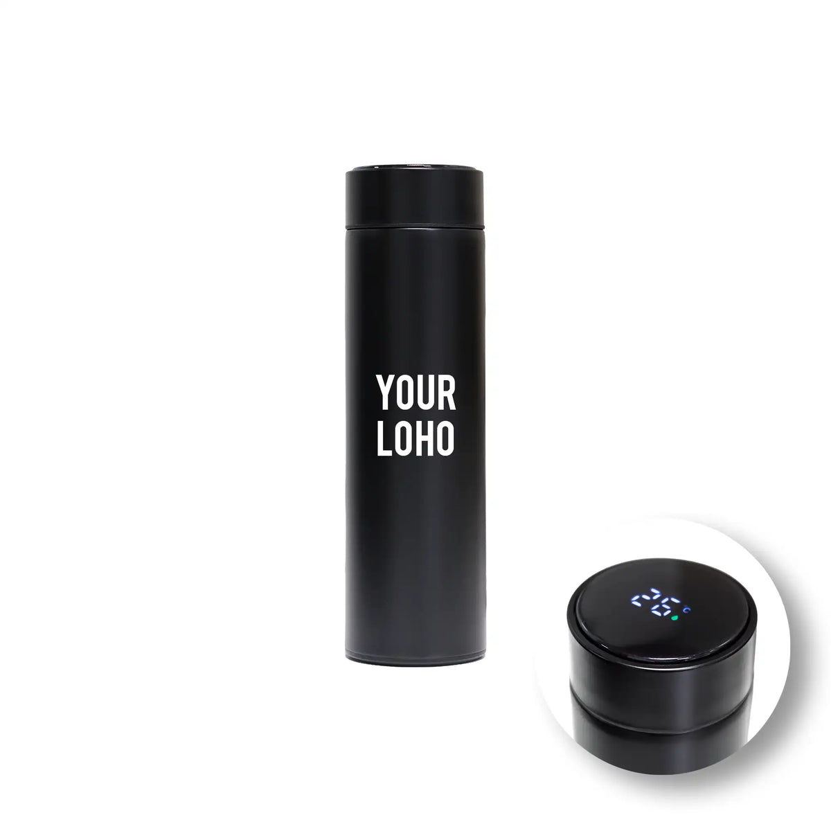Black digital temperature display bottle 500ml – front view with blank branding area