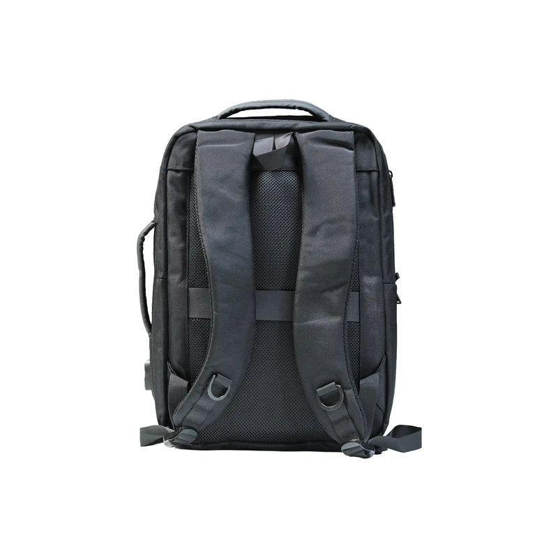 Black executive laptop backpack with USB charging port and multiple compartments
