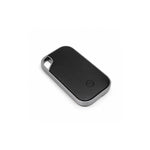 Traxo Bluetooth locator device, black panel with silver metal frame, front view