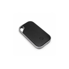 Traxo Bluetooth locator device, black panel with silver metal frame, front view
