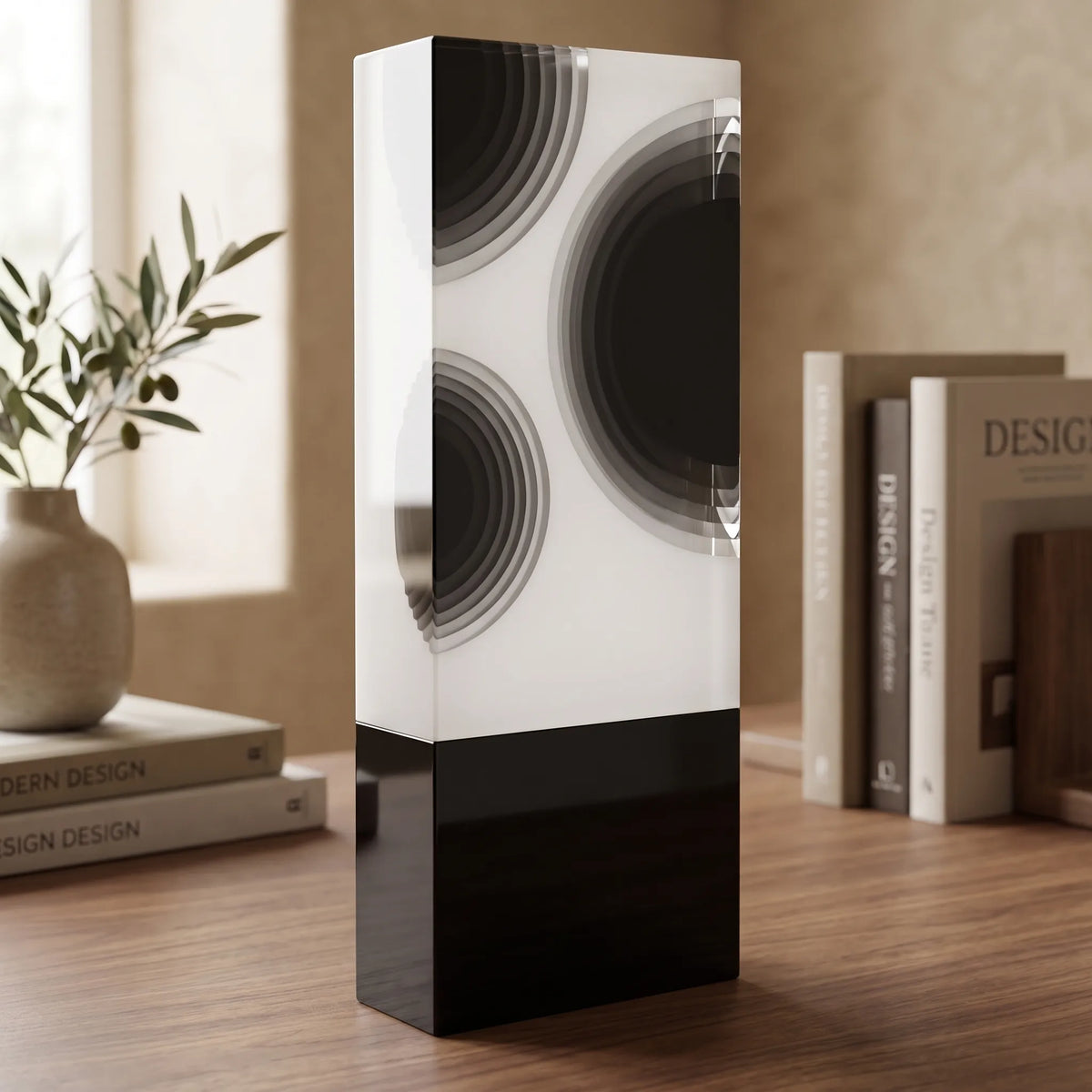 Two-tone crystal award with black orbit circle motif on white face