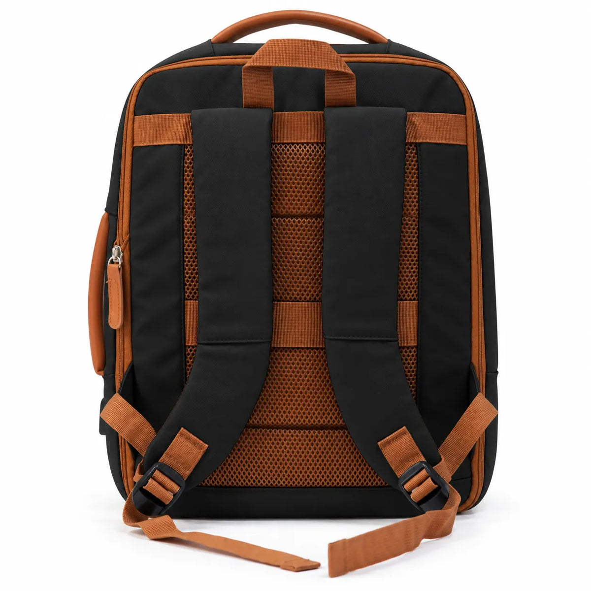 Back of the black Voxtra backpack showing padded straps and breathable mesh panel