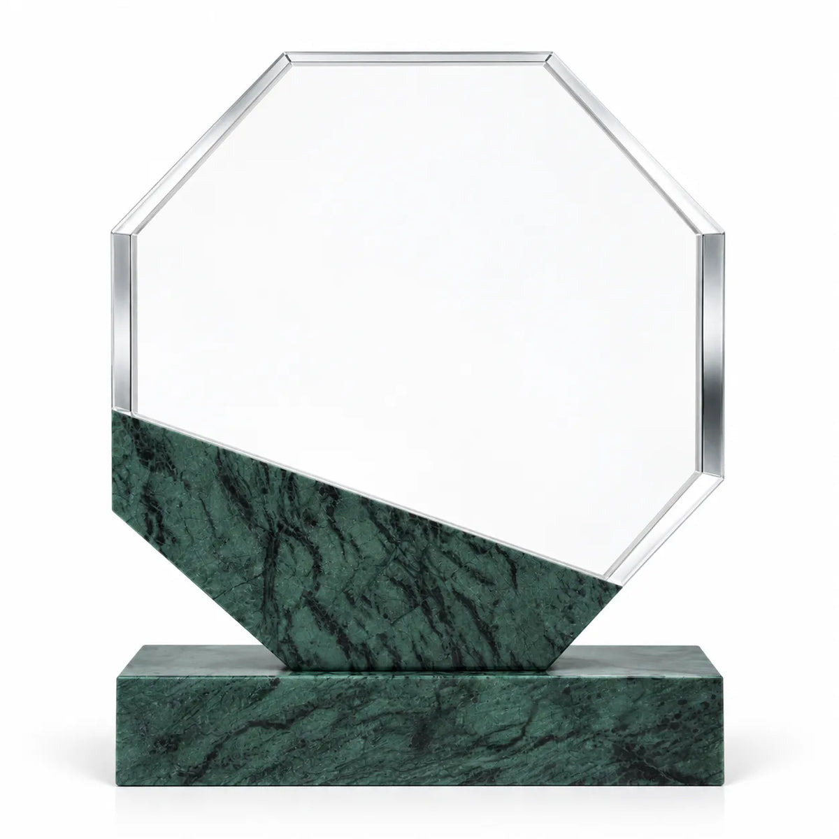 Green marble octagonal crystal award on a desk