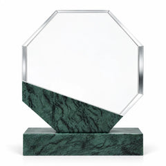 Green marble octagonal crystal award on a desk