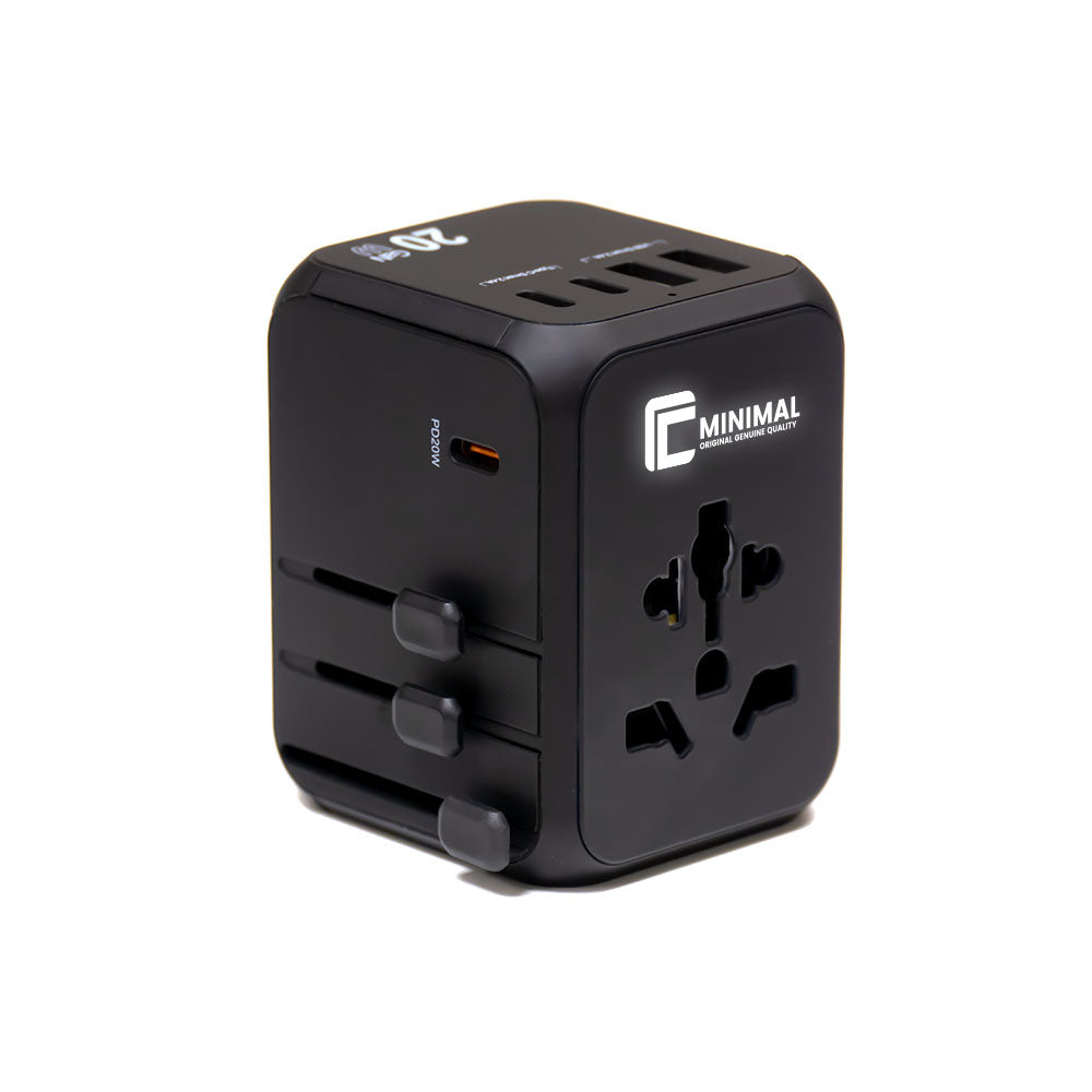 Universal travel adapter with 3 Type C and 2 USB A ports