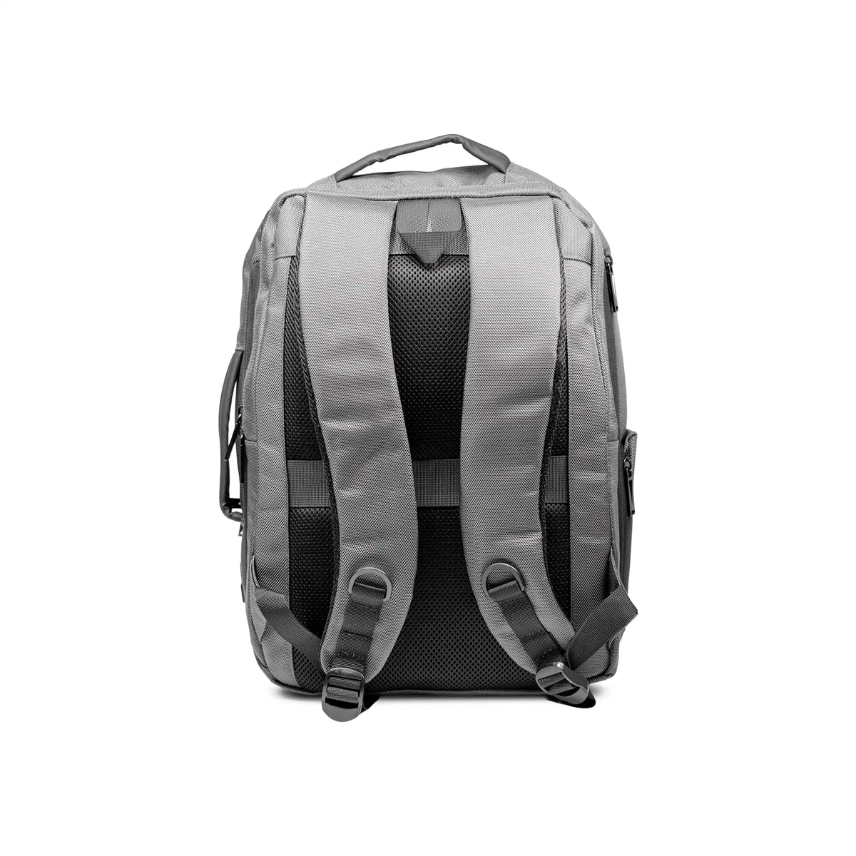 Gray executive laptop backpack with USB charging port and multiple compartments