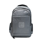 Gray travel backpack with zipper and USB charging feature