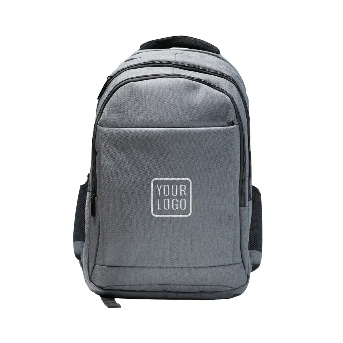 Gray travel backpack with zipper and USB charging feature