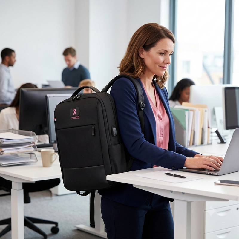 Leather & Fabric Backpack – Pink October Edition – custom branded corporate gift, Kaaf Creations UAE