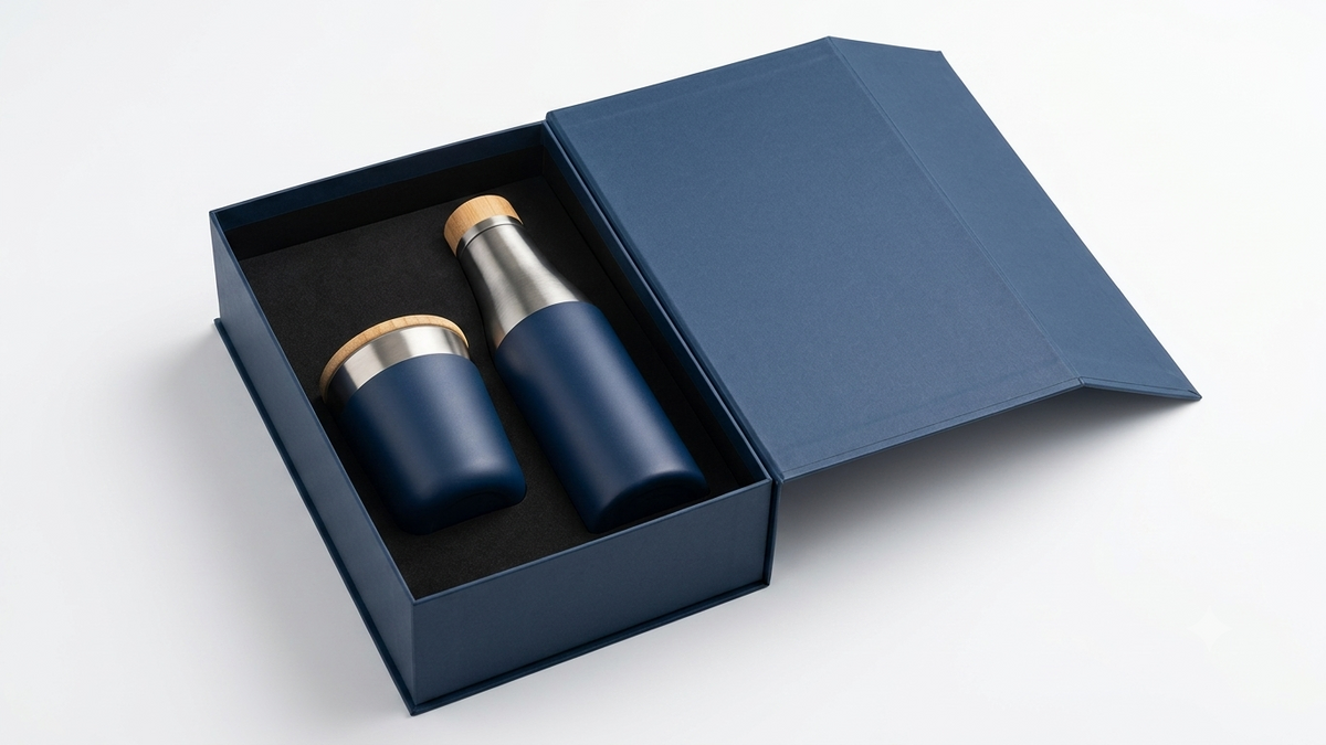 Navy Blue Bottle Tumbler Gift Set – custom branded corporate gift, Kaaf Creations UAE